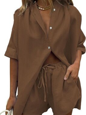 Brown Two-Piece Button Shirt and Drawstring Shorts Set